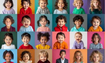 collage van foto's van jonge kinderen, elke met een eigen kleurige achtergrond